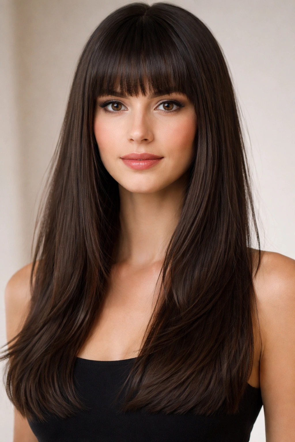 20 Medium Length Haircuts For Every Hair Texture 6 Portrait of hair with blunt straight-across bangs and long length below shoulders