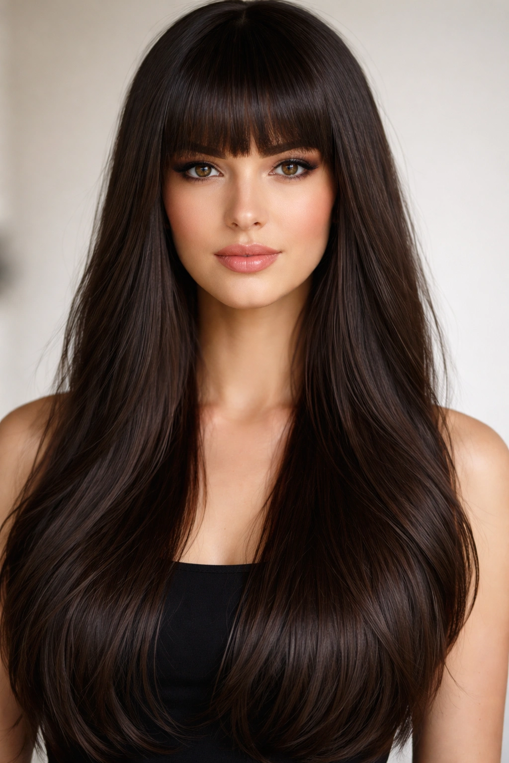 20 Long Face Haircuts Women Keep Requesting 3 Long hair with blunt bangs forming a horizontal line across the forehead