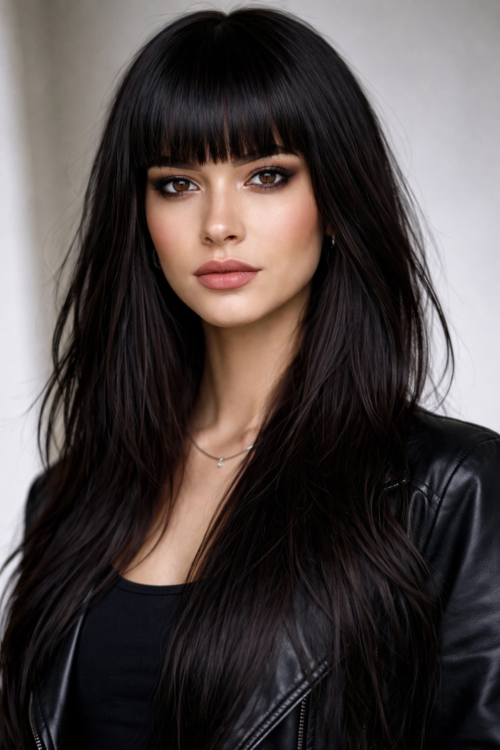 Portrait of a person with blunt bangs and long straight hair.