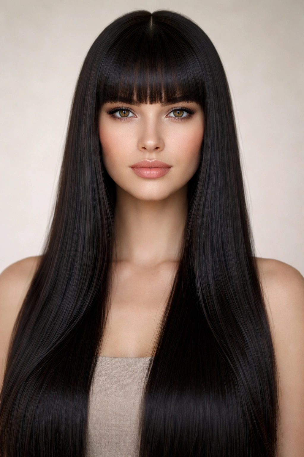 Close-up of a person with blunt bangs and long straight hair in a studio setting
