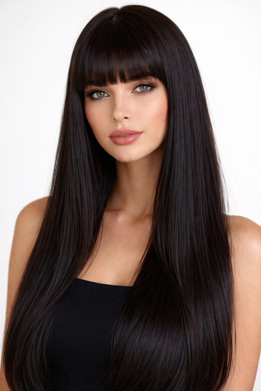 15 Flattering Hairstyles For Long Oval Faces 2 Model with blunt bangs and long straight hair in a clean studio portrait