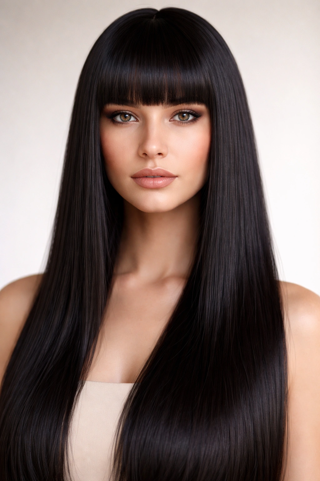 15 Sleek Medium Haircuts For Women With Straight Hair 11 Blunt straight bangs with long straight hair creating a graphic silhouette