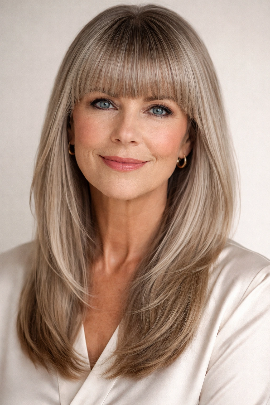 Portrait showing blunt bangs with a longer cut for a modern edge.