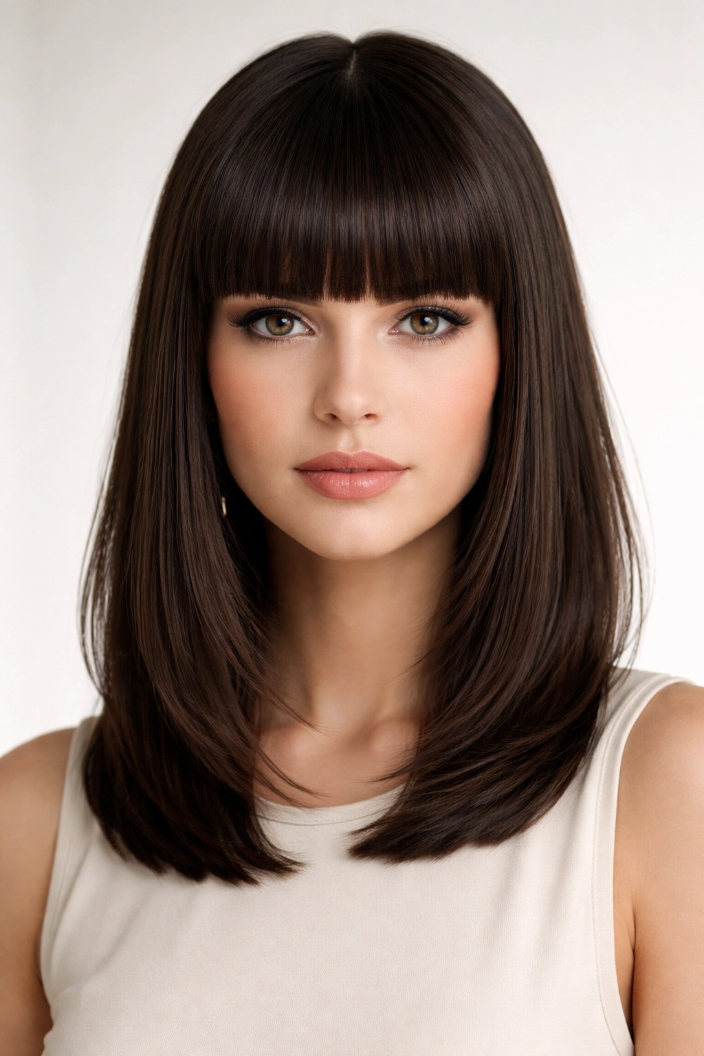 Portrait with blunt bangs and straight-edged fringe on medium-length hair