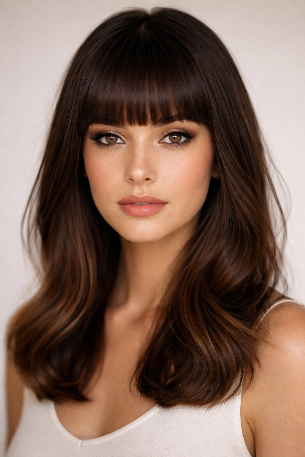 15 Bang Styles That Pair Well With Medium Hair 2 Portrait of a person with blunt straight-across bangs on medium-length hair