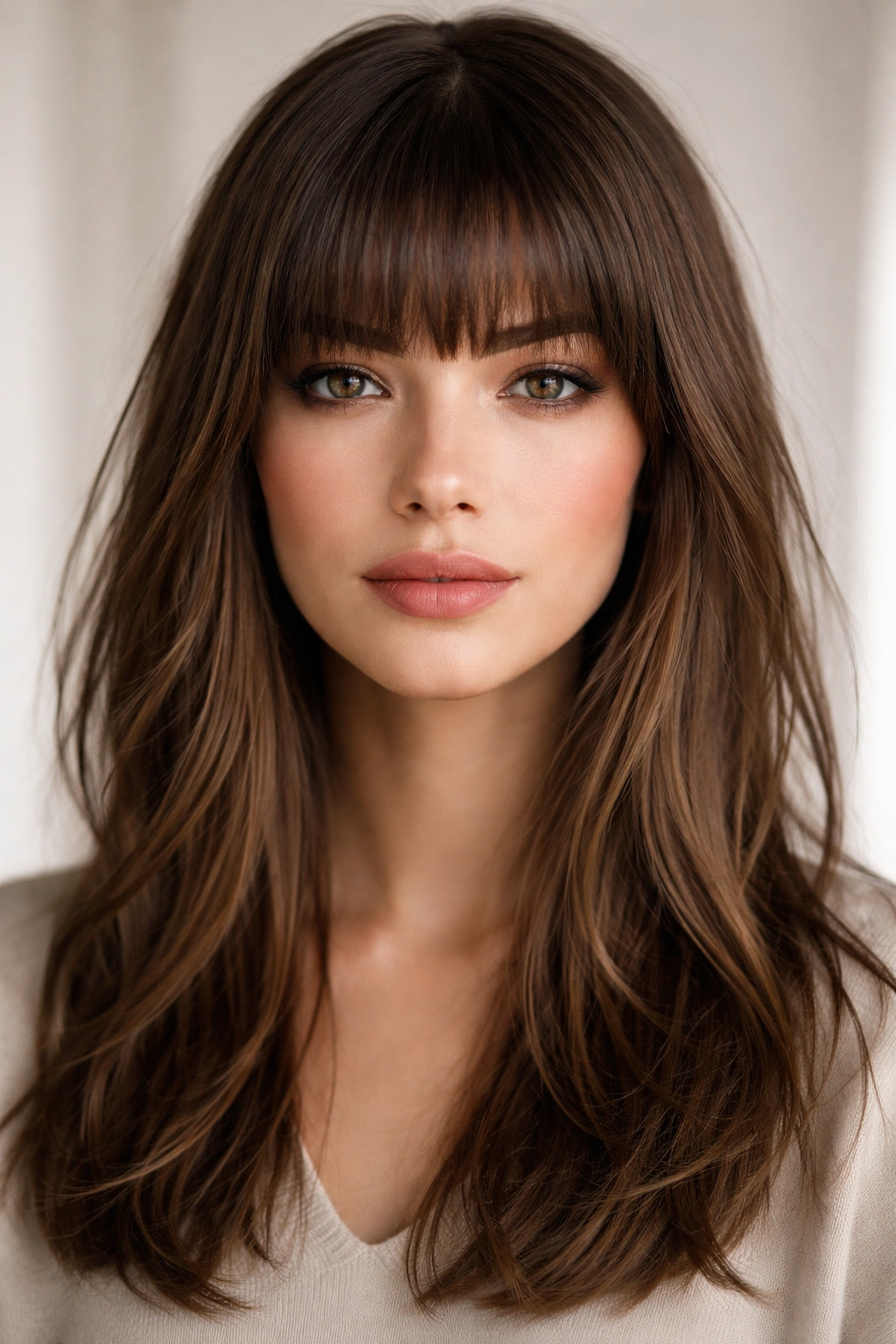 Blunt bangs with medium layers on straight to wavy hair