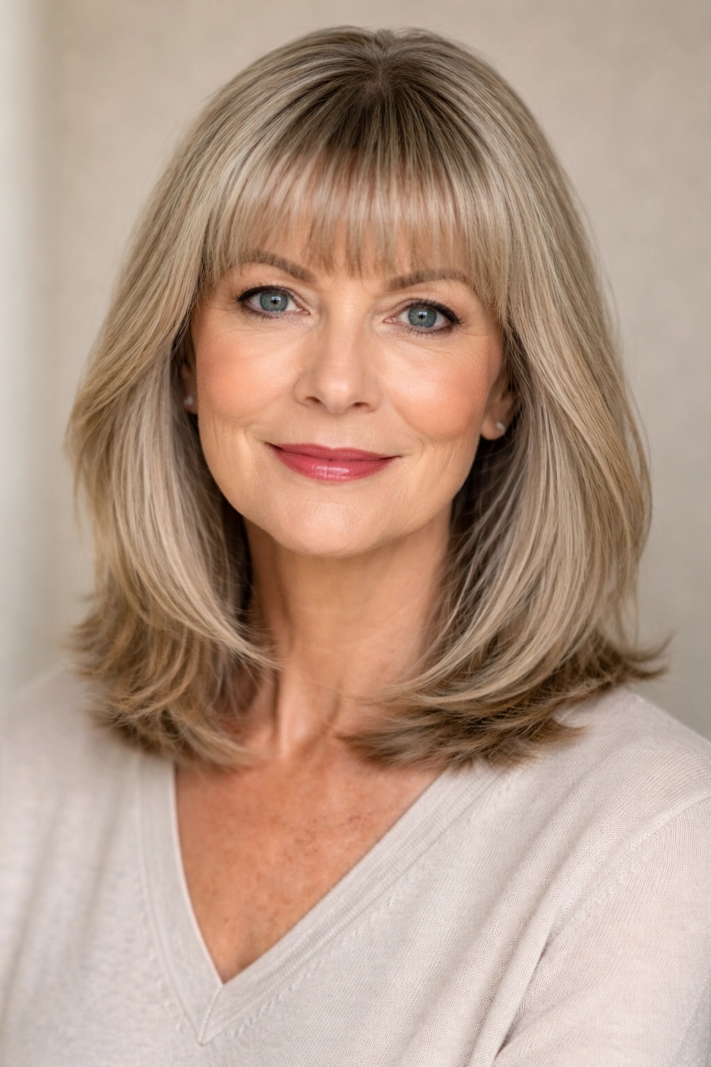 Front view of blunt bangs with medium-length hair