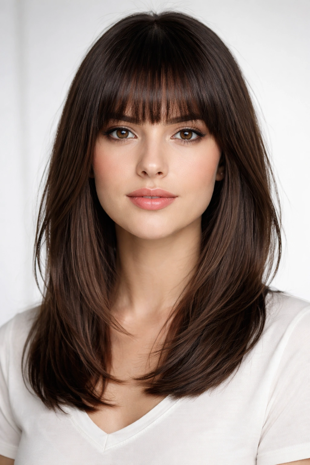 Face-forward portrait showing straight bangs and mid-length base