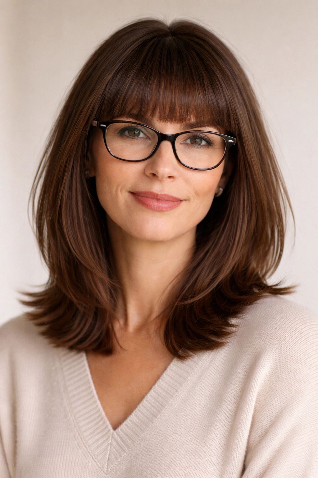 15 Hairstyles For Women Over 40 Who Wear Glasses 5 Medium-length hair with blunt bangs just above the eyebrows and a clean silhouette