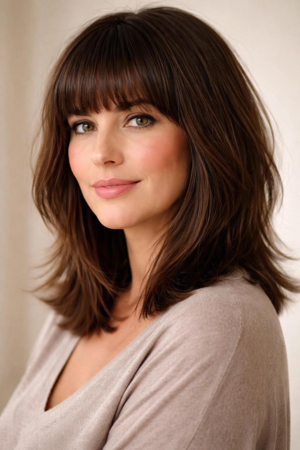 10 Short Haircuts For Women With Round Faces Over 40 5 Medium-length hair with blunt bangs and textured layers.