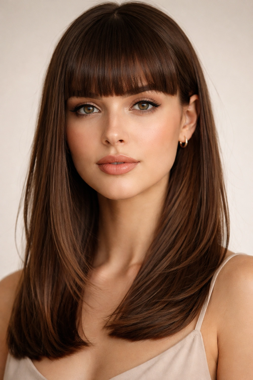18 Bangs To Try With Medium Length Hair 1 Close-up of blunt bangs across the forehead with straight medium-length hair