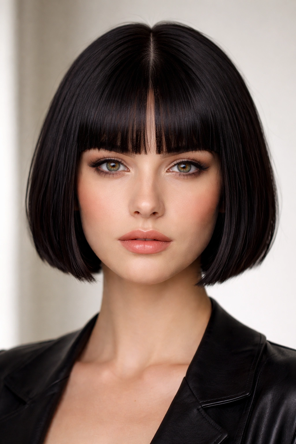12 Middle Part Short Haircuts To Try At Your Next Cut 11 Short hair with blunt bangs and middle part, clean geometric lines.
