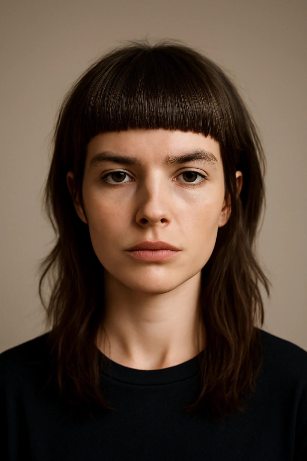 25 Mullet Haircuts for Women You'll Actually Love 3 Blunt bangs mullet featuring thick straight fringe and flowing back