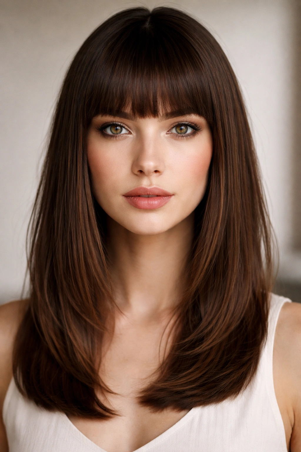 20 Haircuts Matched To Your Face Shape Perfectly 5 Blunt bangs on oblong face creating a horizontal fringe.