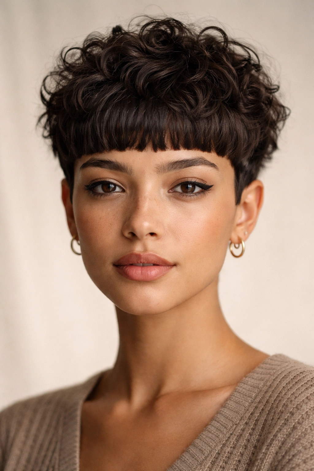 20 Short Curly Haircuts That Look Incredible 11 Close-up portrait of a person with blunt bangs pixie hairstyle.