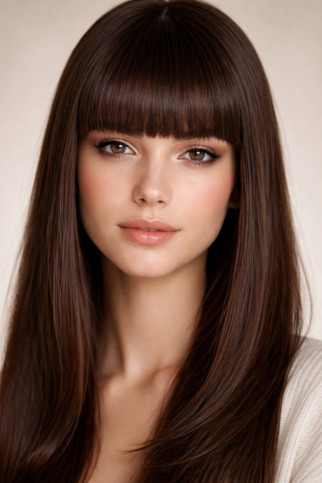 Close-up of a person with Straight-Across Blunt Bangs featuring a straight eyebrow-length fringe.