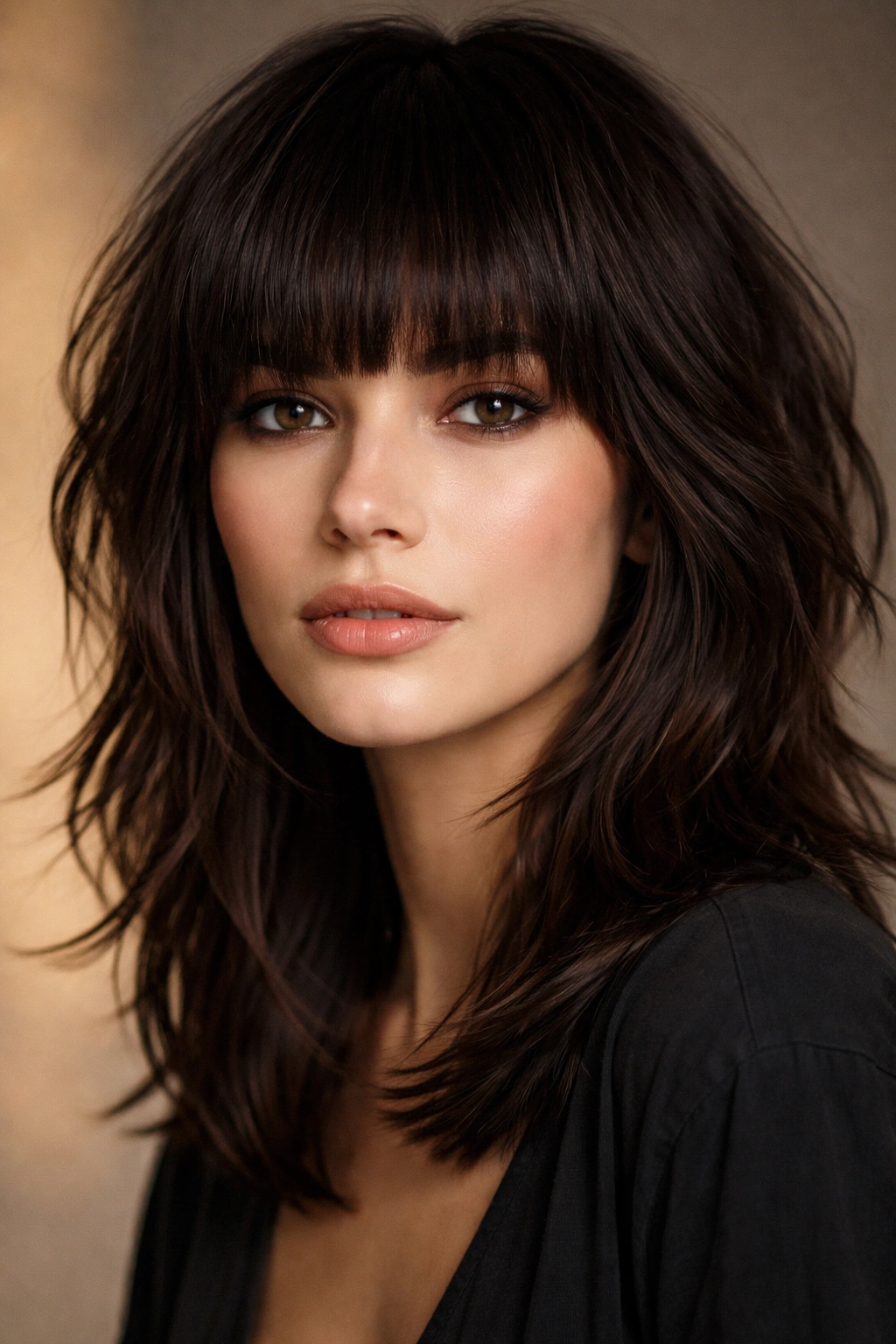 15 Medium Short Haircuts With Bangs That Flatter 3 Portrait of a model with blunt bangs shag hairstyle in studio