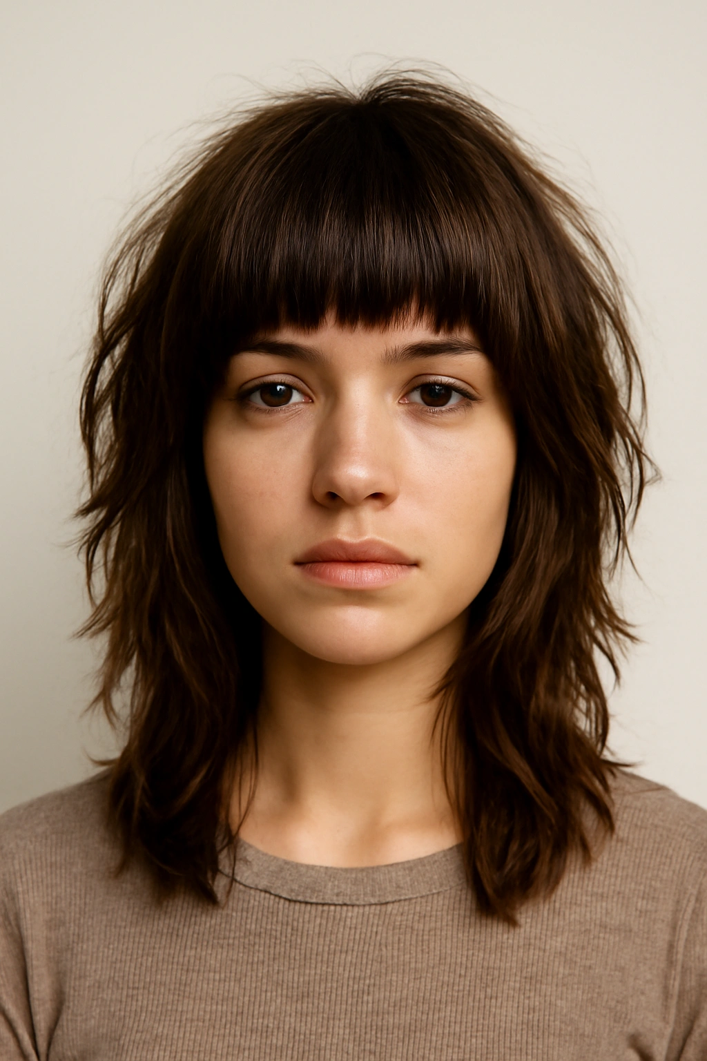 10 Messy Medium Shags You Can Air Dry Easily 6 Frontal view of blunt bangs with textured shag below for a bold frame