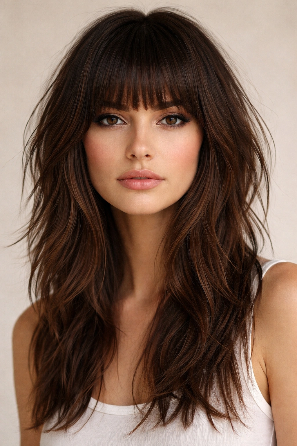 12 Hairstyles With Bangs That Suit Long Faces 7 Close-up of blunt bangs with shag haircut on a model highlighting bold fringe and textured layers