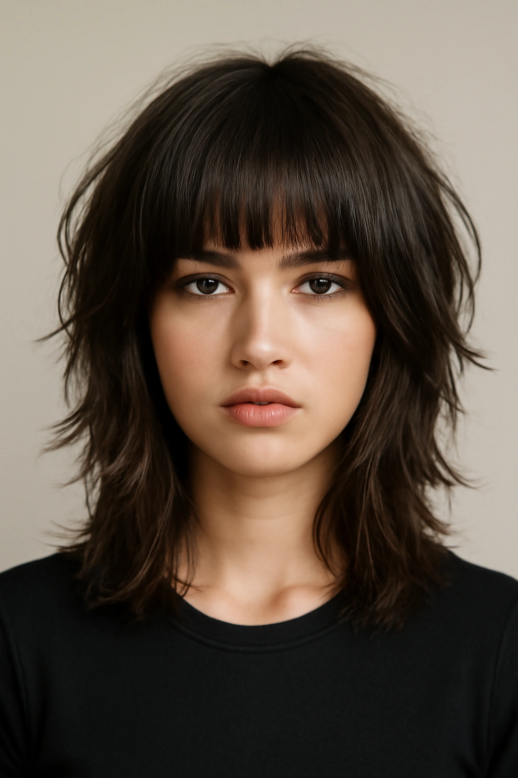 Blunt bangs with choppy shag layers on medium-length hair in a studio
