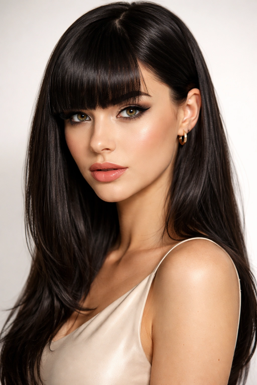Blunt bangs with a sharp side part along the brows