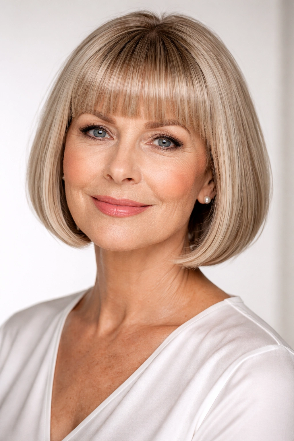Portrait of a mature woman with blunt bangs and a short bob.