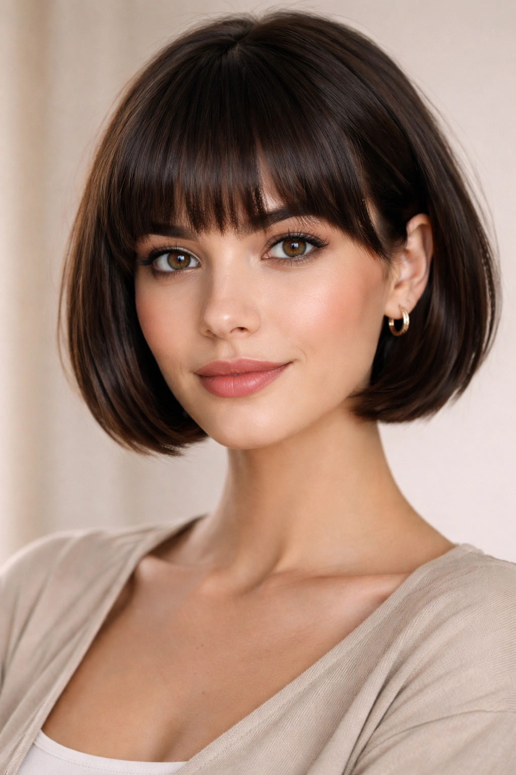 Short bob with blunt bangs framing the face in studio light