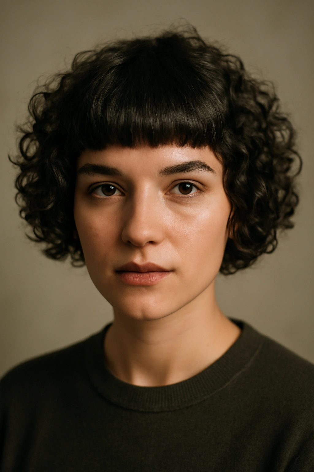 Close-up of blunt curly bangs on a short, textured hairstyle with face-framing impact