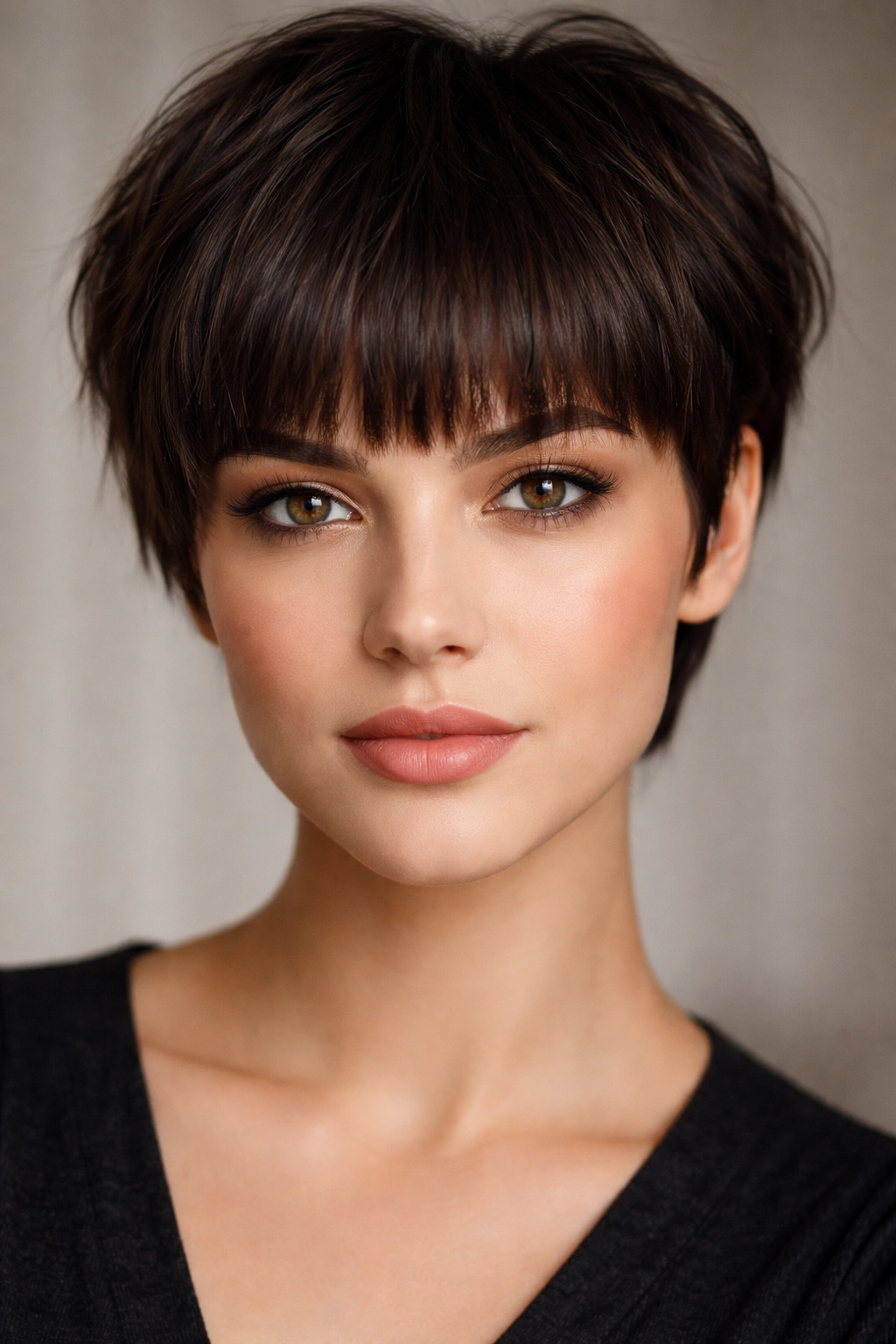 Portrait with blunt bangs and a short textured cut framing the eyes.