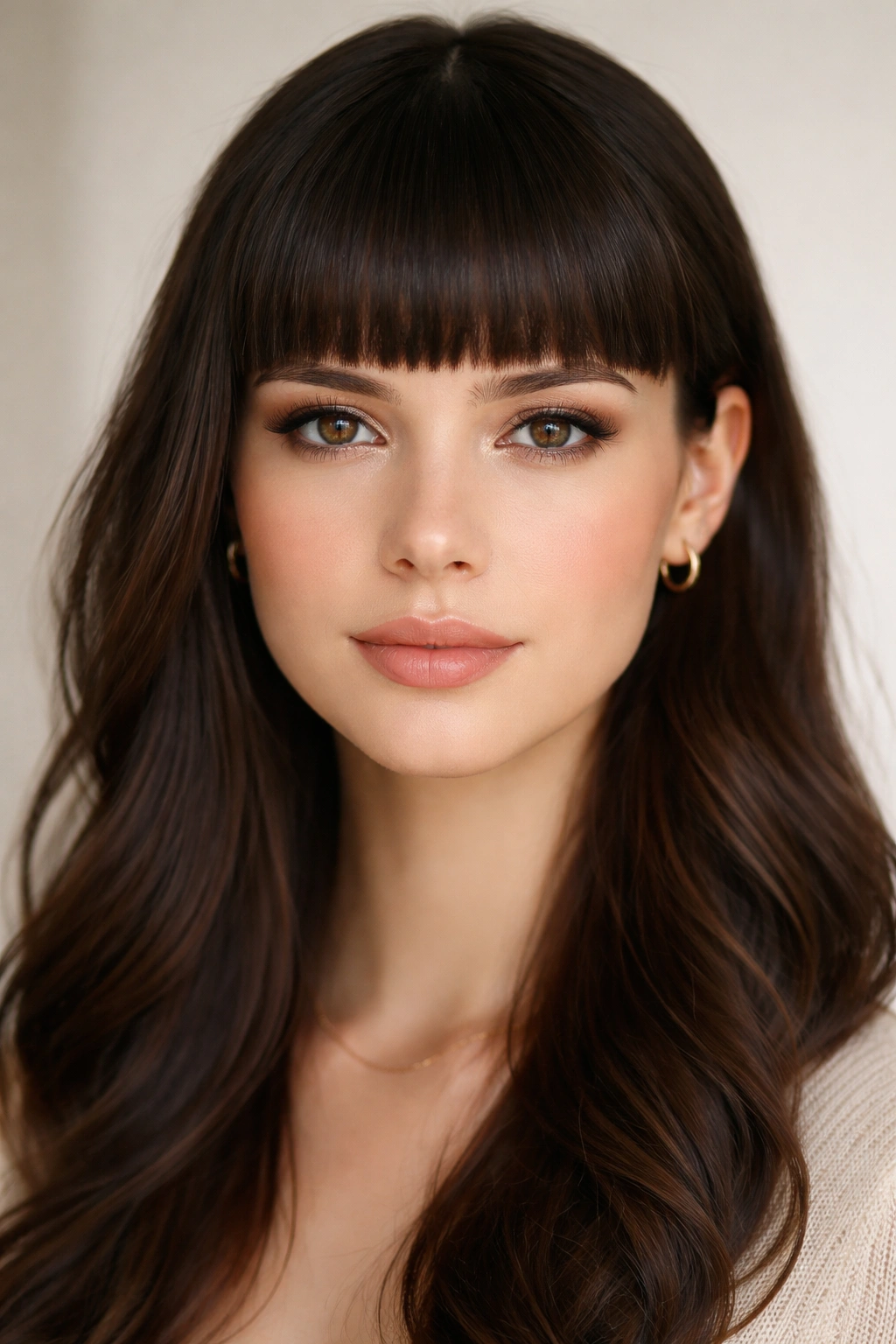 Close-up of blunt shorter bangs just above eyebrows with crisp edge