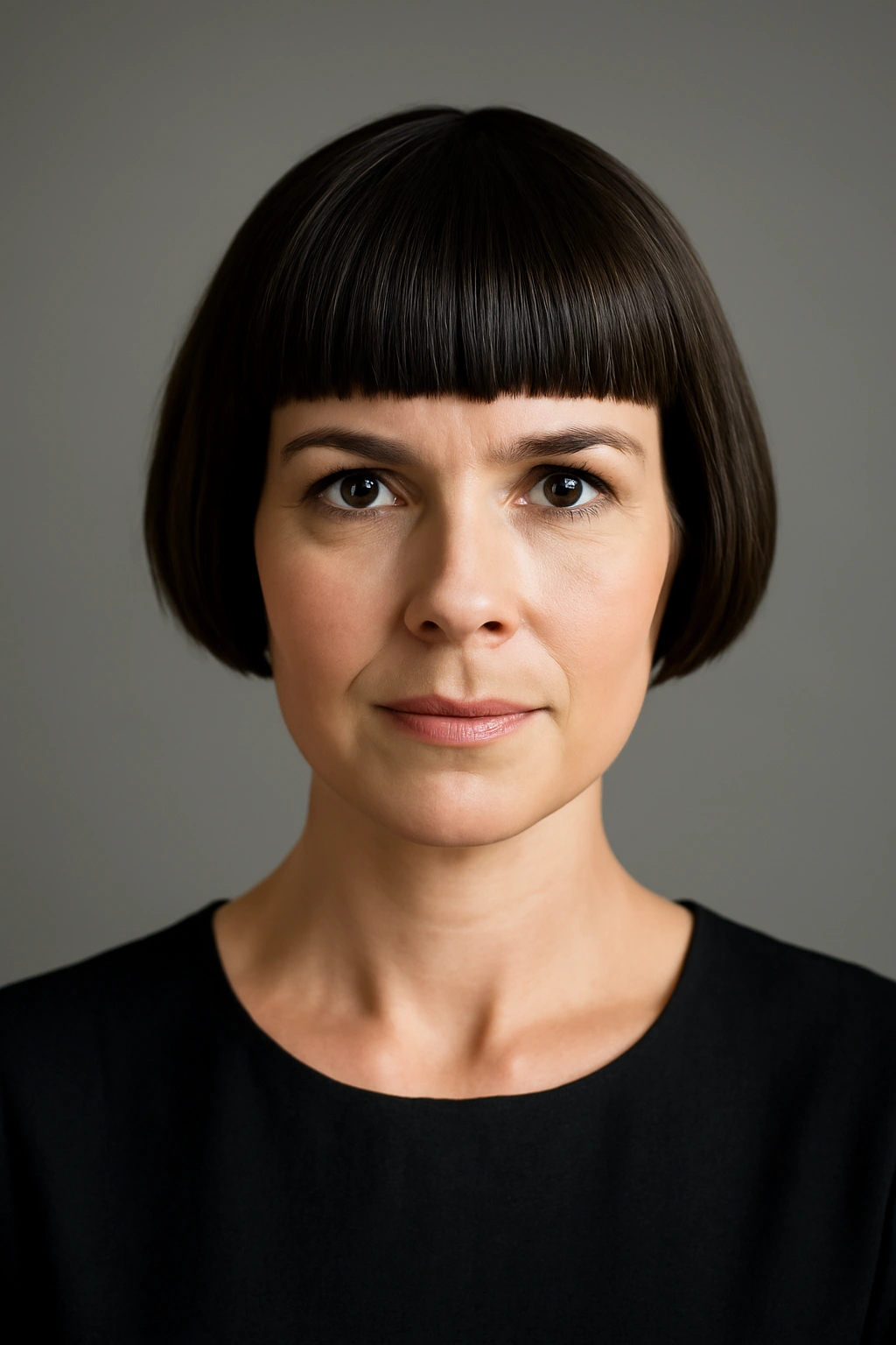 Mother of the Bride? 12 Pretty Short Hair Styles 6 Bold blunt bangs with short-length hair in a studio portrait.
