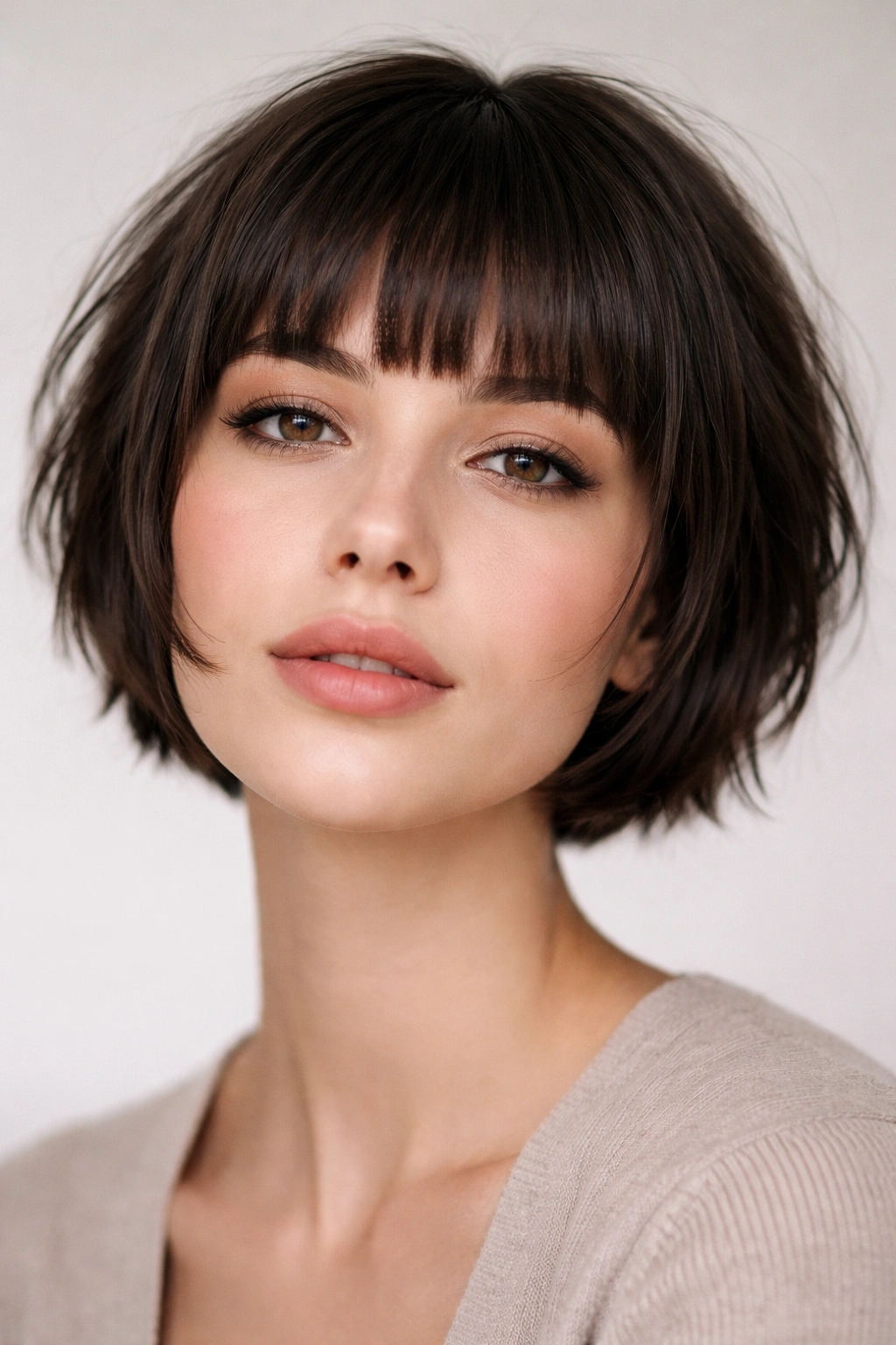 15 Short Haircuts That Look Great On An Oval Face 11 Close-up portrait of a person with short hair and blunt bangs
