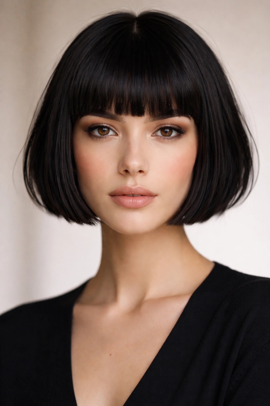 25 Short Haircuts Women Can T Stop Asking For 6 Portrait of a person with blunt bangs and short hair, bold graphic fringe.