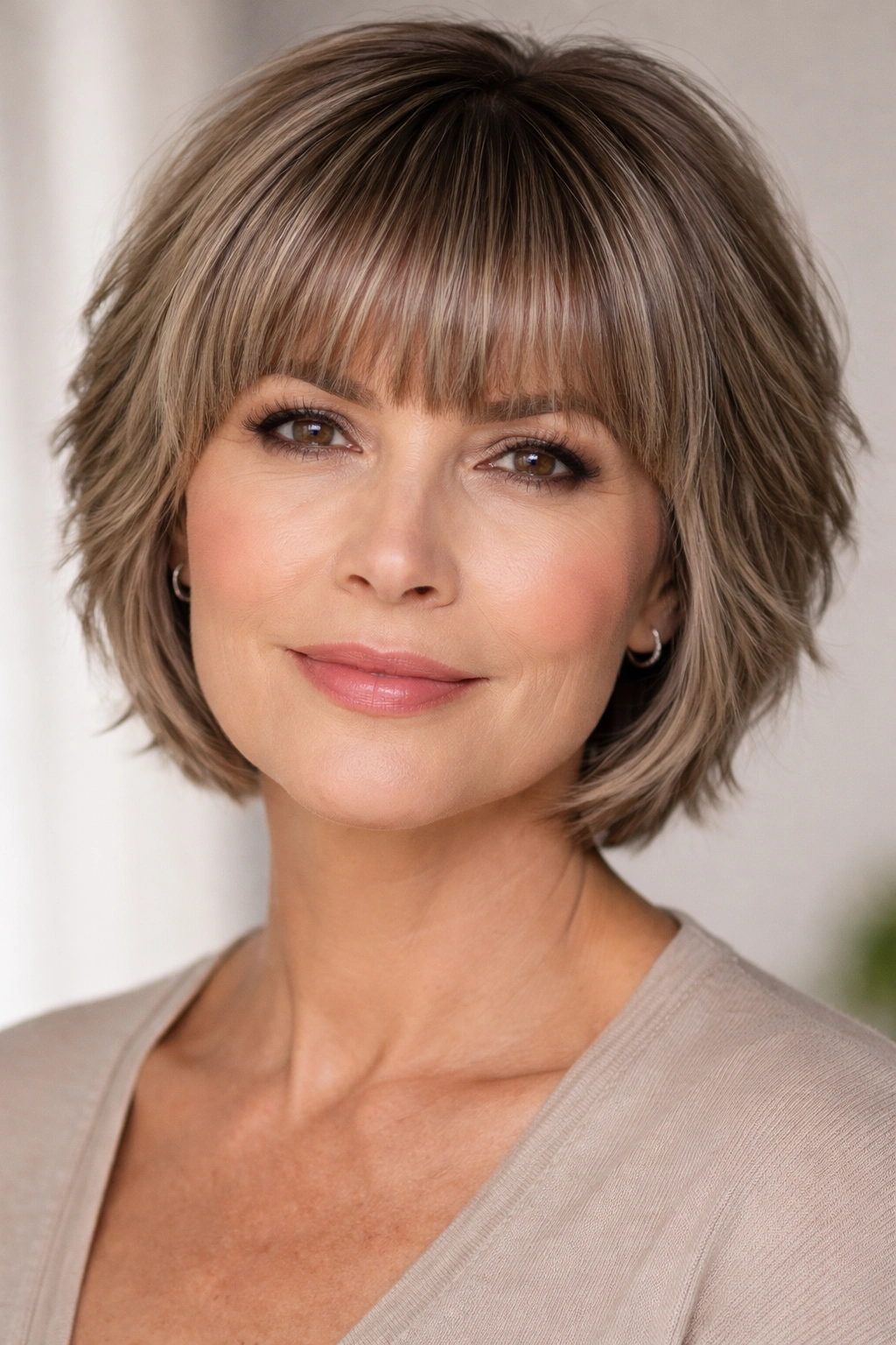 Close-up of blunt bangs with short layered hair framed around the face.