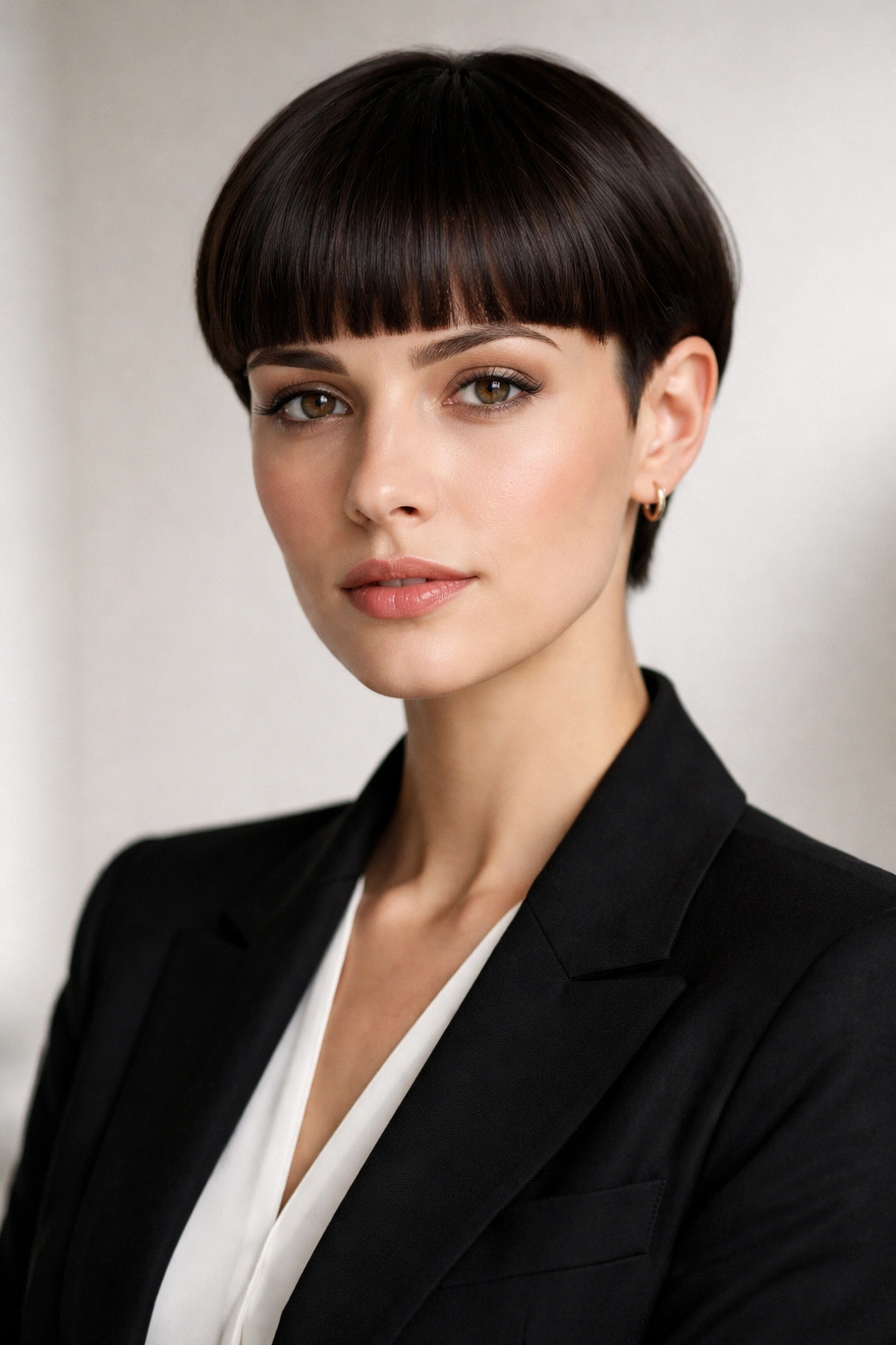 Close-up portrait of a person with blunt bangs and short sides