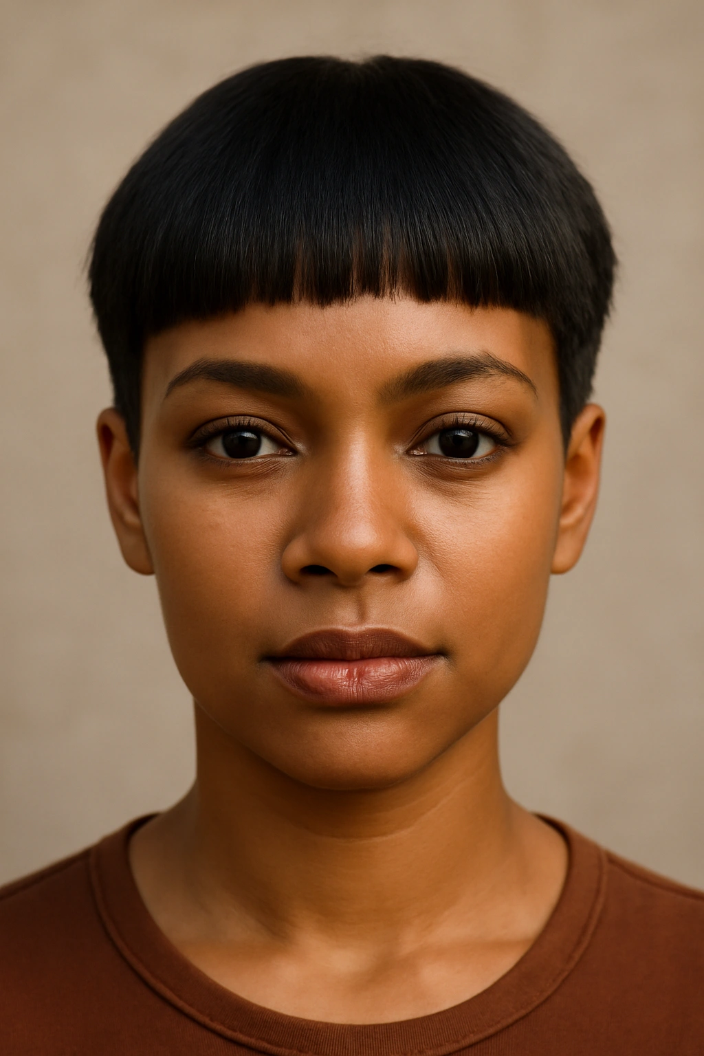 12 Short Relaxed Hairstyles Black Women Will Love 4 Frontal portrait of a person with blunt bangs and short sides framing the face