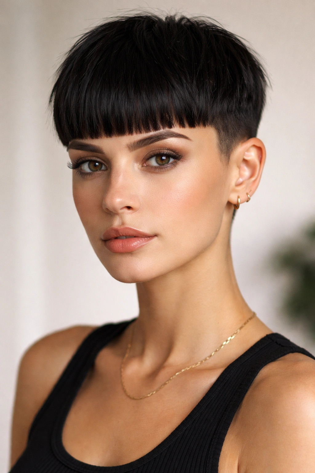 10 Short Haircuts That Tame Frizzy Hair For Real 7 Portrait of a person with thick blunt bangs and ultra-short sides in studio lighting