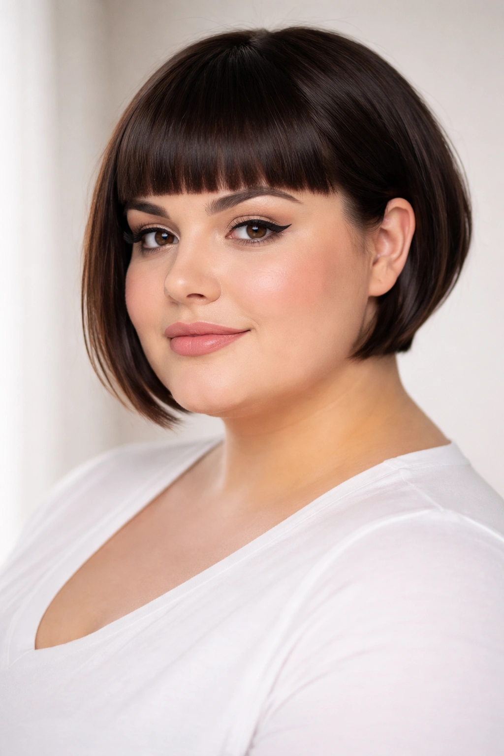 12 Short Haircuts For Plus Size Women With Round Faces 10 Blunt bangs with short sides hairstyle on a round-faced model in a studio portrait