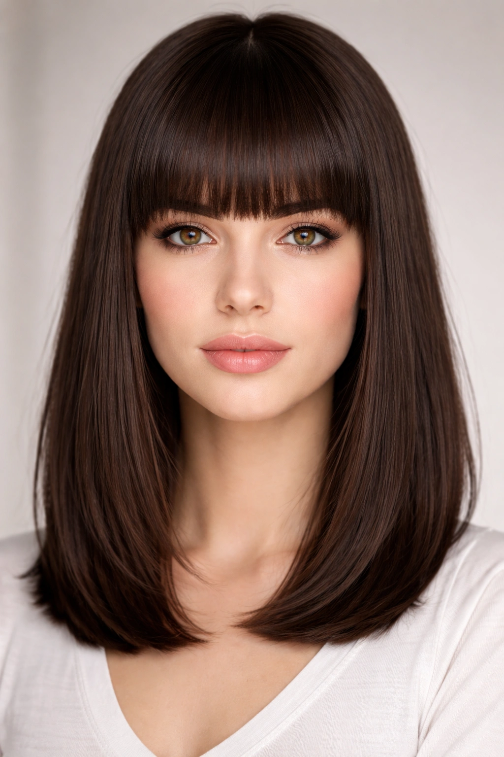 Portrait of blunt bangs with shoulder-length straight hair in a studio