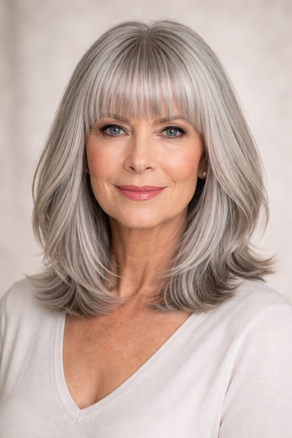 Portrait of a woman with shoulder-length gray hair and blunt bangs