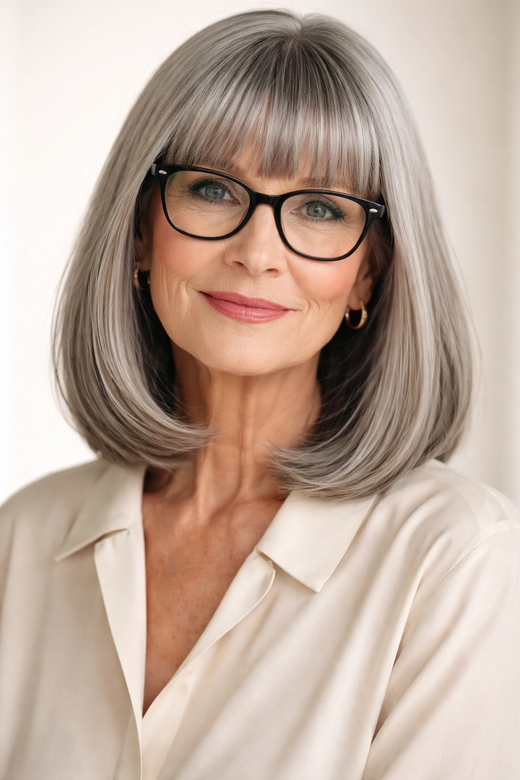 Portrait of a woman with blunt bangs and shoulder-length hair, wearing glasses.