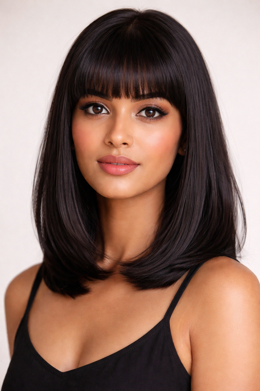 Portrait of a woman with blunt bangs and shoulder-length hair.