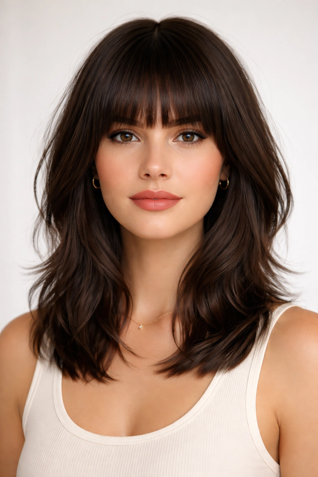 Blunt bangs with shoulder-length textured layers framing the face