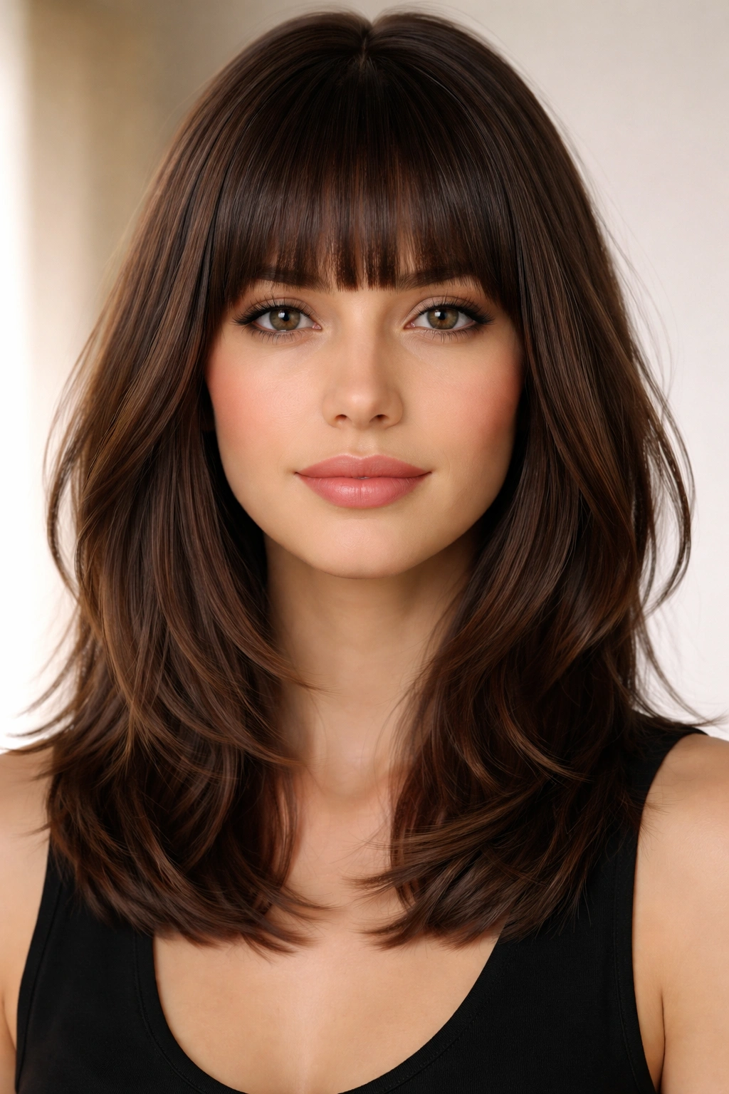 15 Haircuts Designed For Long And Narrow Faces 4 Blunt bangs with shoulder-length layers close-up highlighting fringe and volume