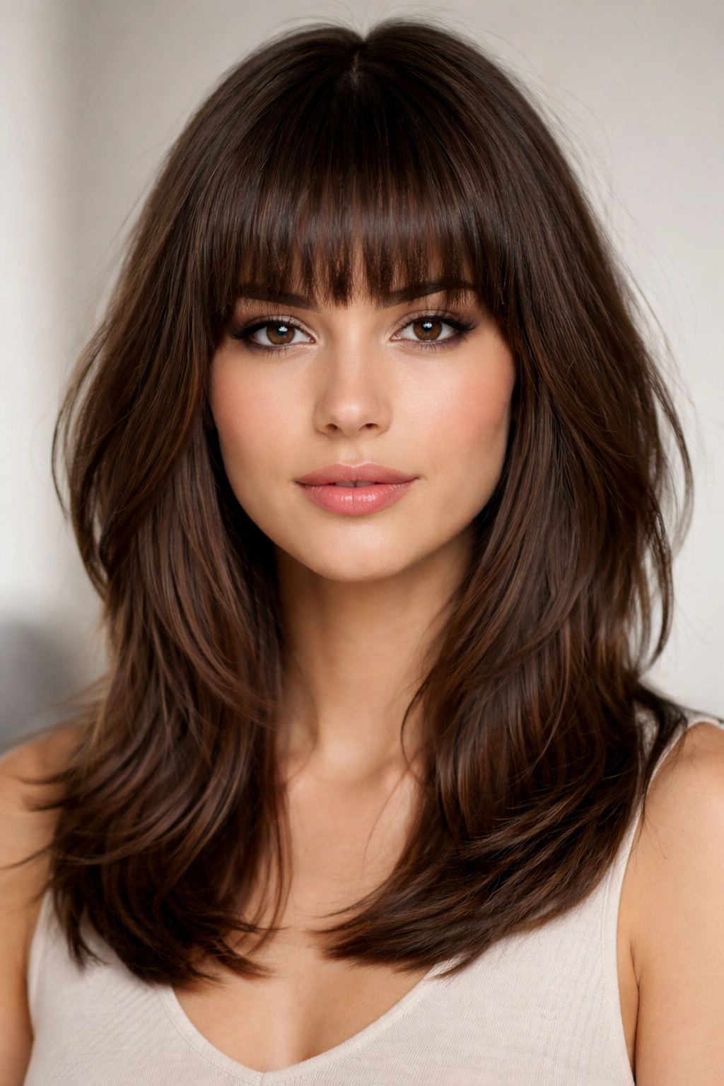 Close-up of blunt bangs with shoulder-length layered hairstyle