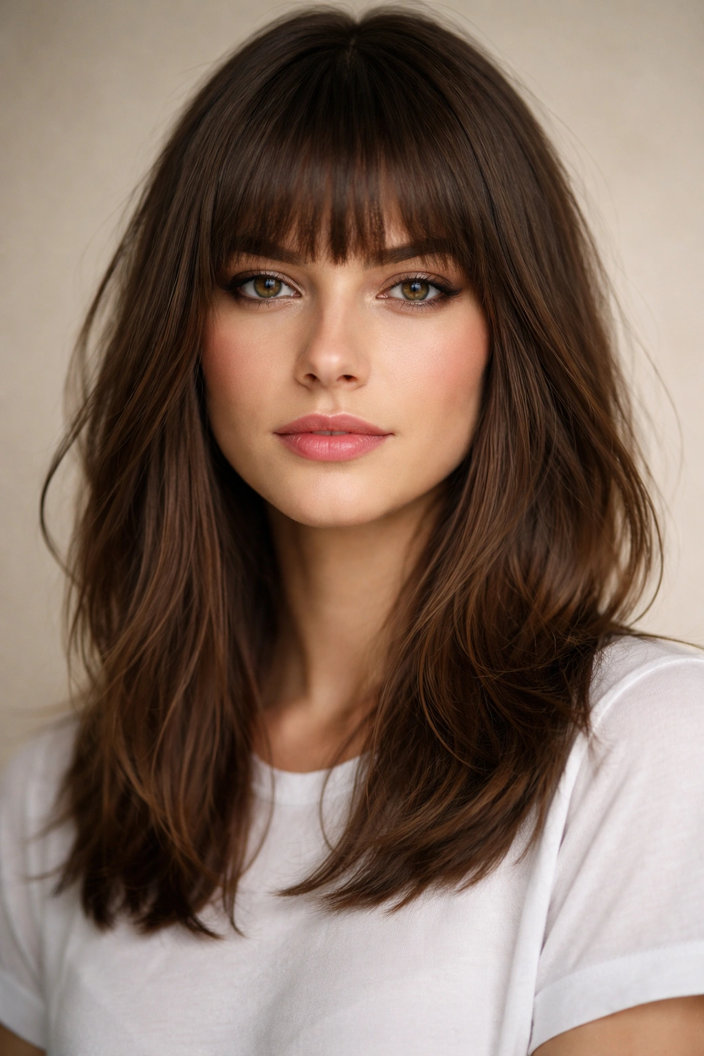 15 Haircuts That Shorten And Balance A Long Face 5 Close-up of blunt bangs with shoulder-length layers showing crisp fringe and movement