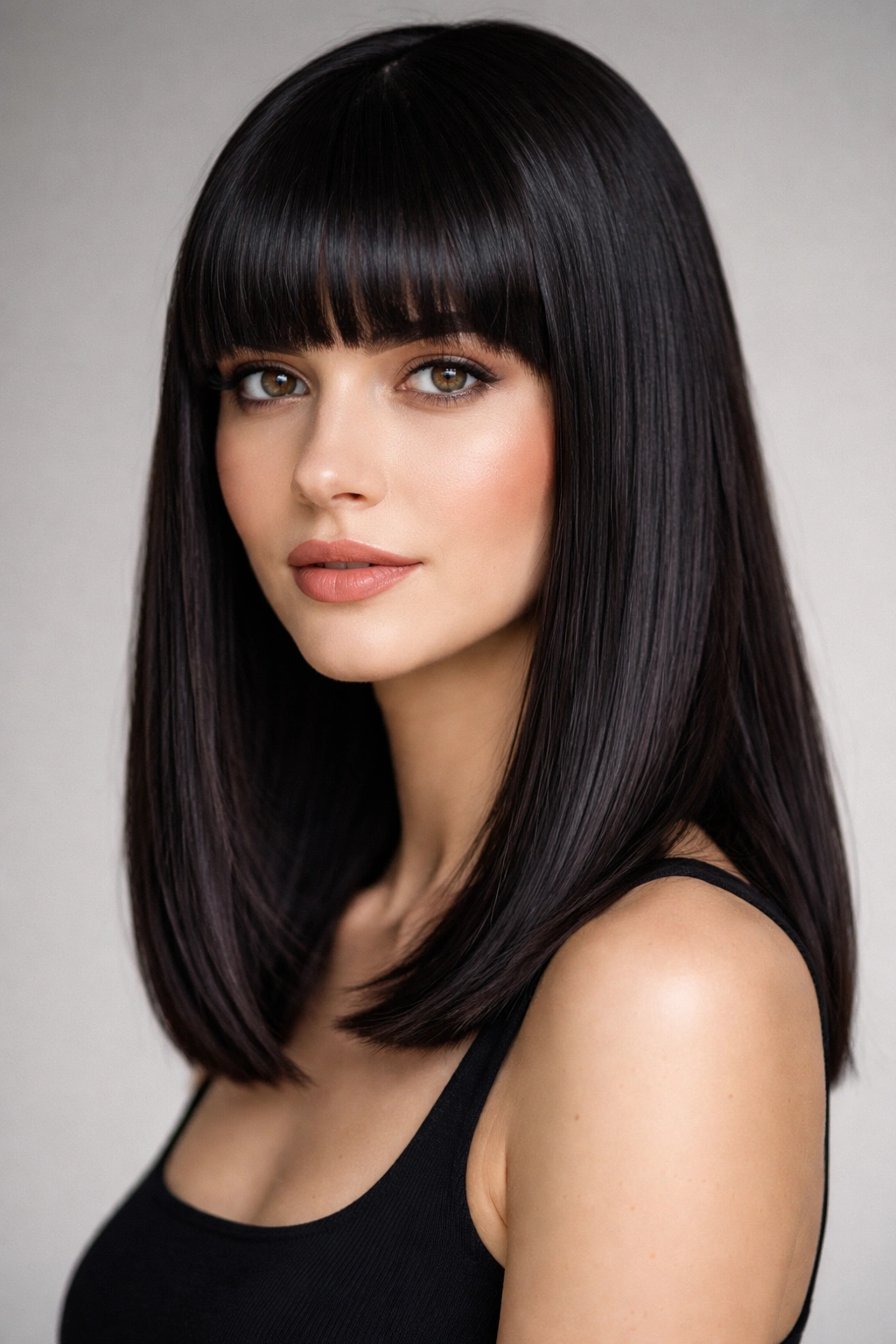 Close-up of blunt bangs with shoulder-length straight hair, sleek and glossy.