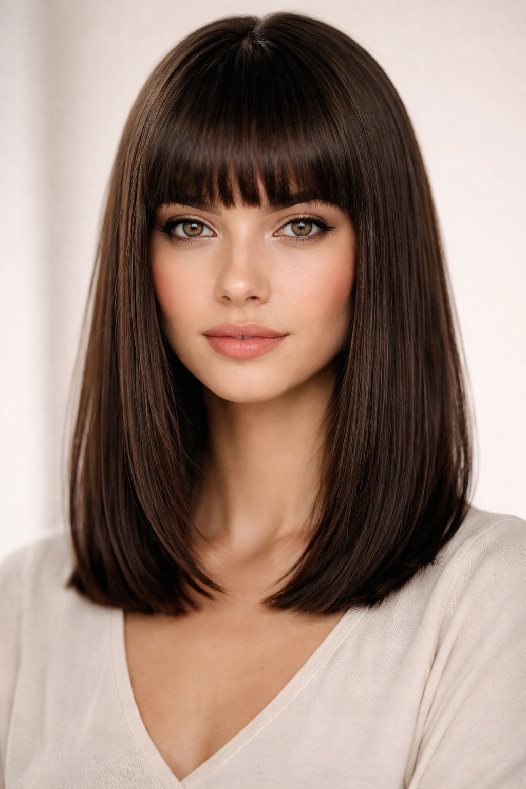 25 Medium Length Hairstyles That Suit Everyone 8 Model showing blunt bangs with shoulder-length straight hair.
