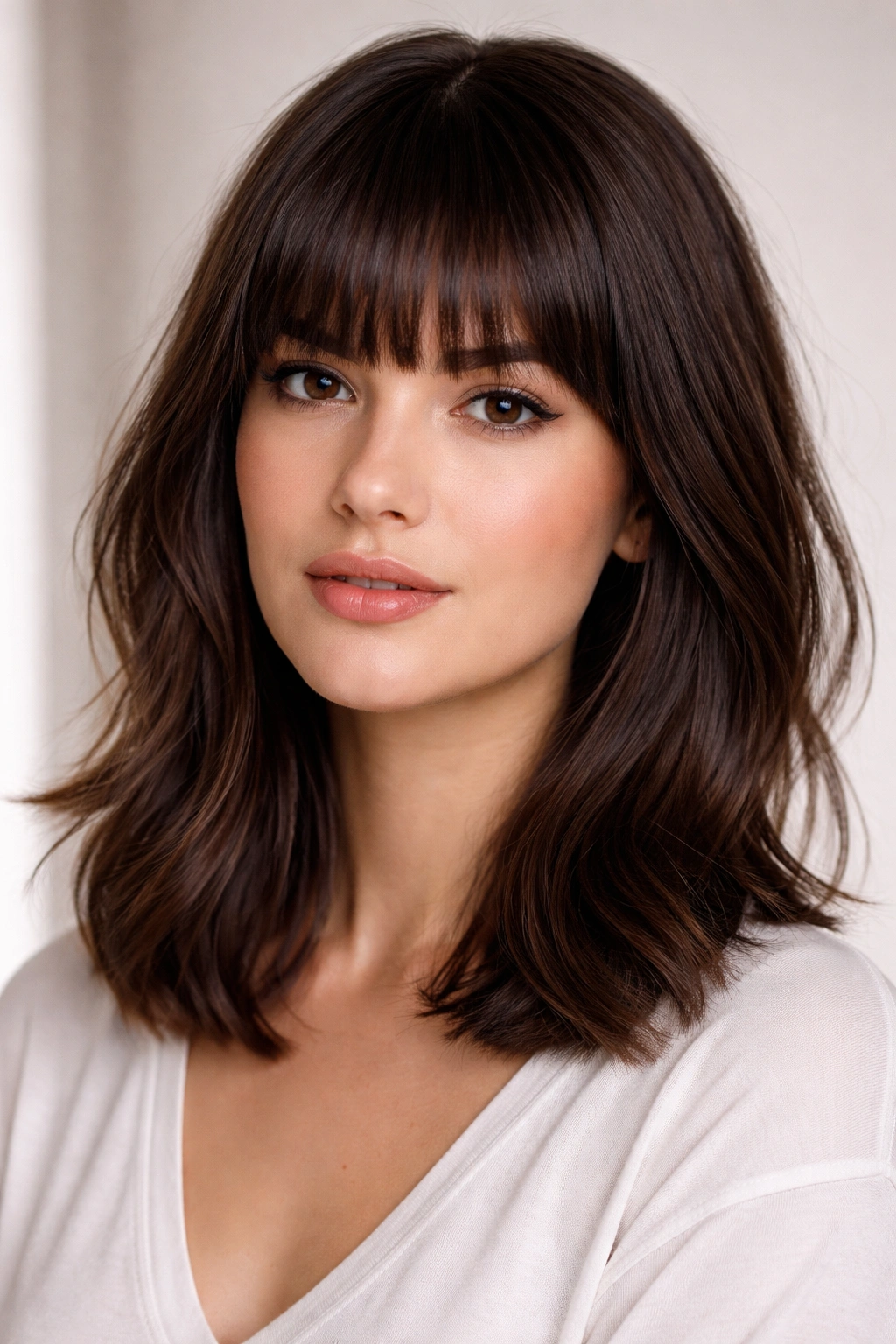 Blunt bangs with textured shoulder-skimming hair in a studio portrait