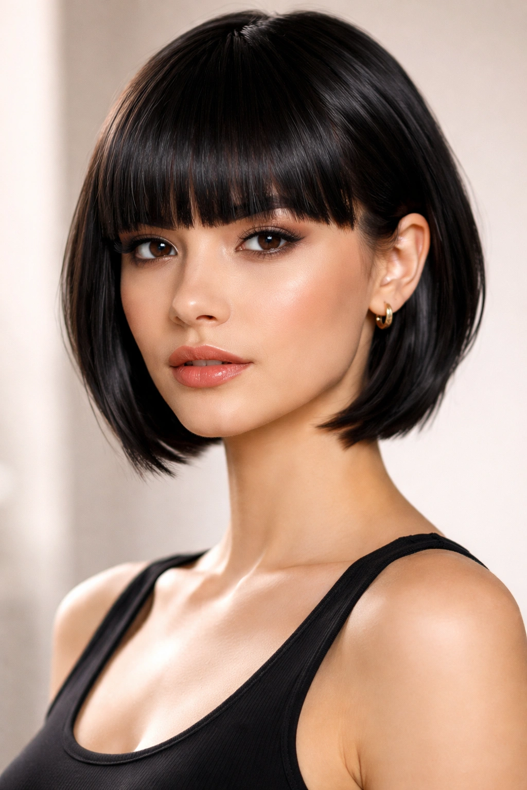Head-and-shoulders view of blunt bangs with sleek short layers